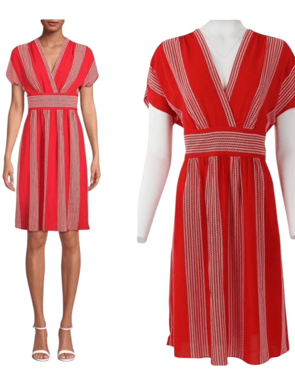 Anne Klein Red Striped V-Neck Dress Band Waist Sash Career Office Fit Flare Sz 6